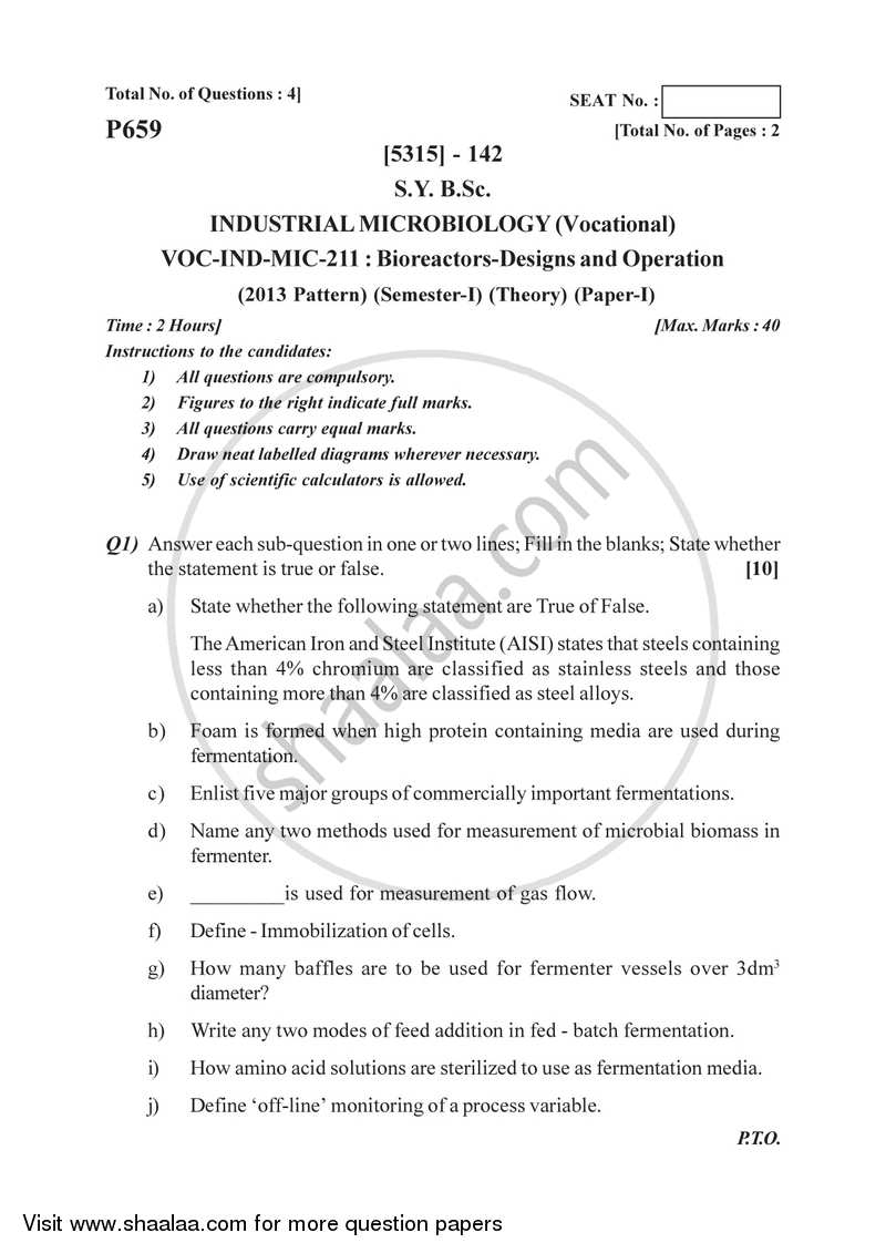 Bioreactors - Design and Operation 2017-2018 Semester 3 (FYBSc) - University of Pune question paper with PDF download