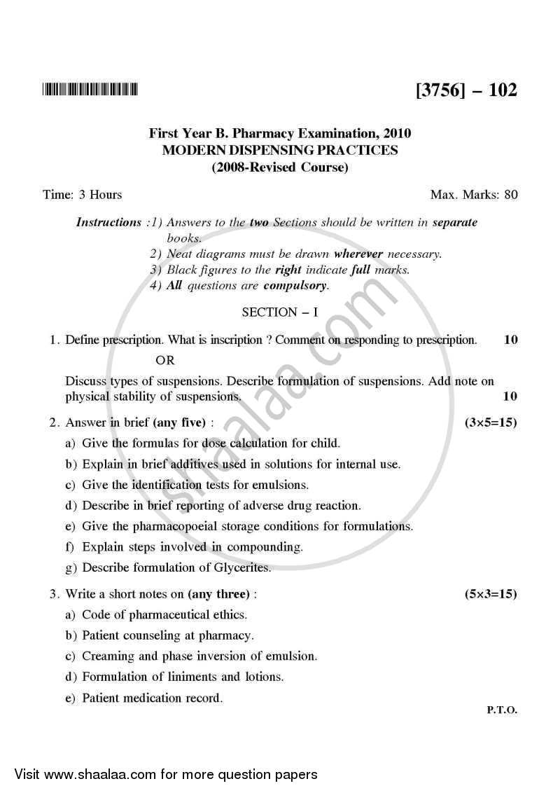 Modern Dispensing Practices 2008-2009 - B.Pharm. - 1st Year - University of Pune question paper with PDF download