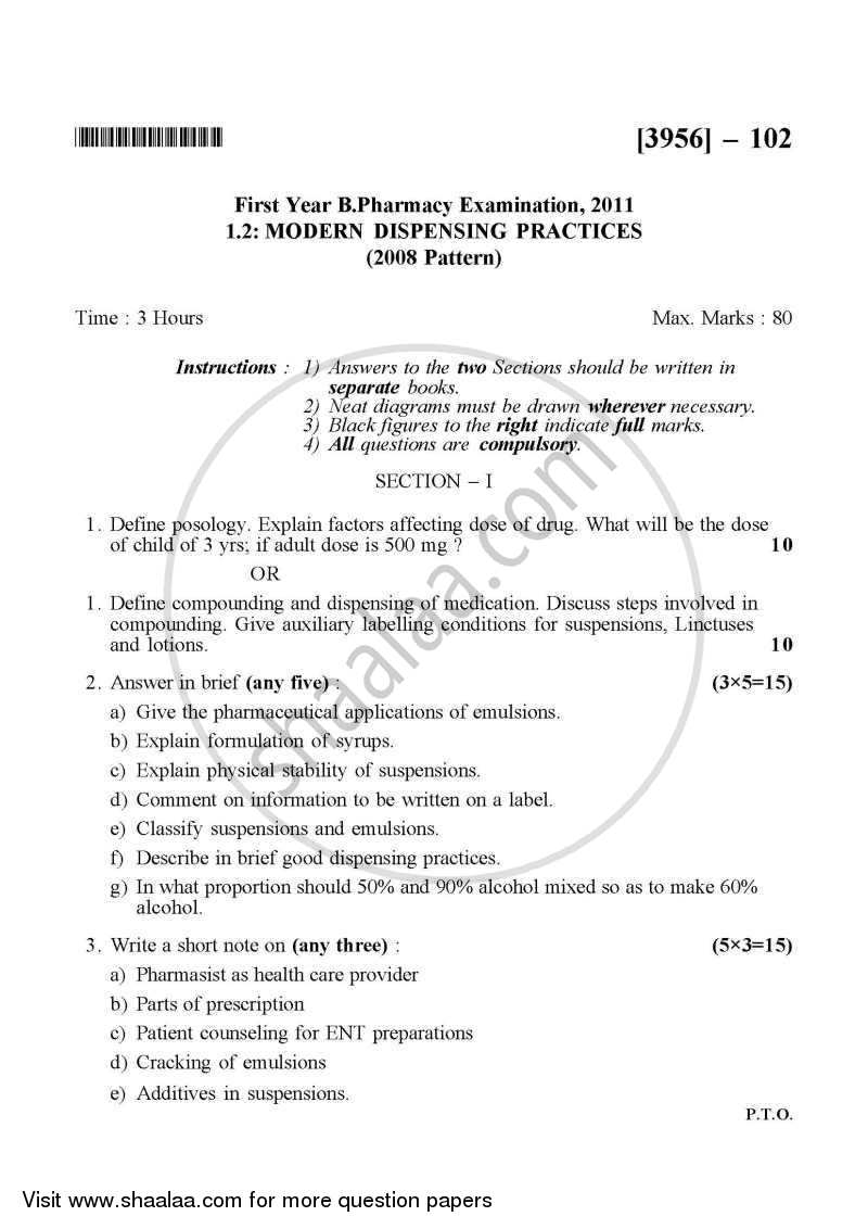 Modern Dispensing Practices 2010-2011 - B.Pharm. - 1st Year - University of Pune question paper with PDF download