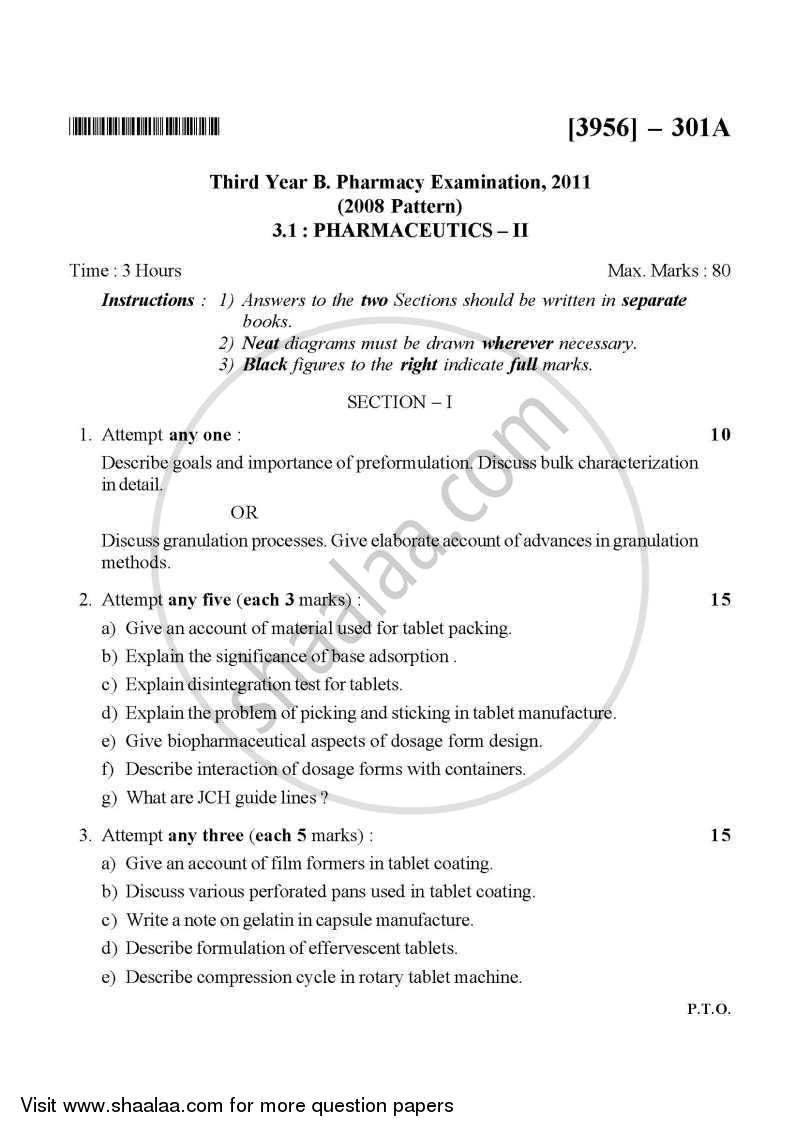 Pharmaceutics 2 2010-2011 - B.Pharm. - 3rd Year - University of Pune question paper with PDF download