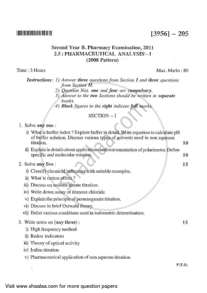 Pharmaceutical Analysis 1 2010-2011 - B.Pharm. - 2nd Year - University of Pune question paper with PDF download