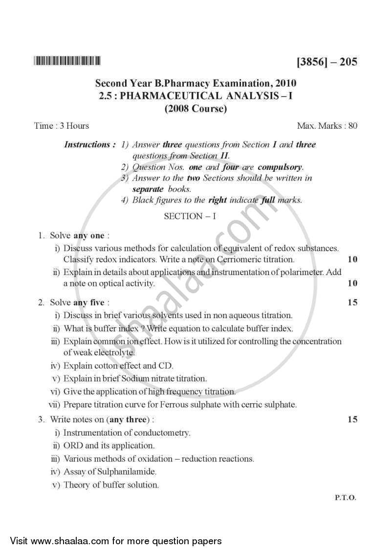 Pharmaceutical Analysis 1 2010-2011 - B.Pharm. - 2nd Year - University of Pune question paper with PDF download