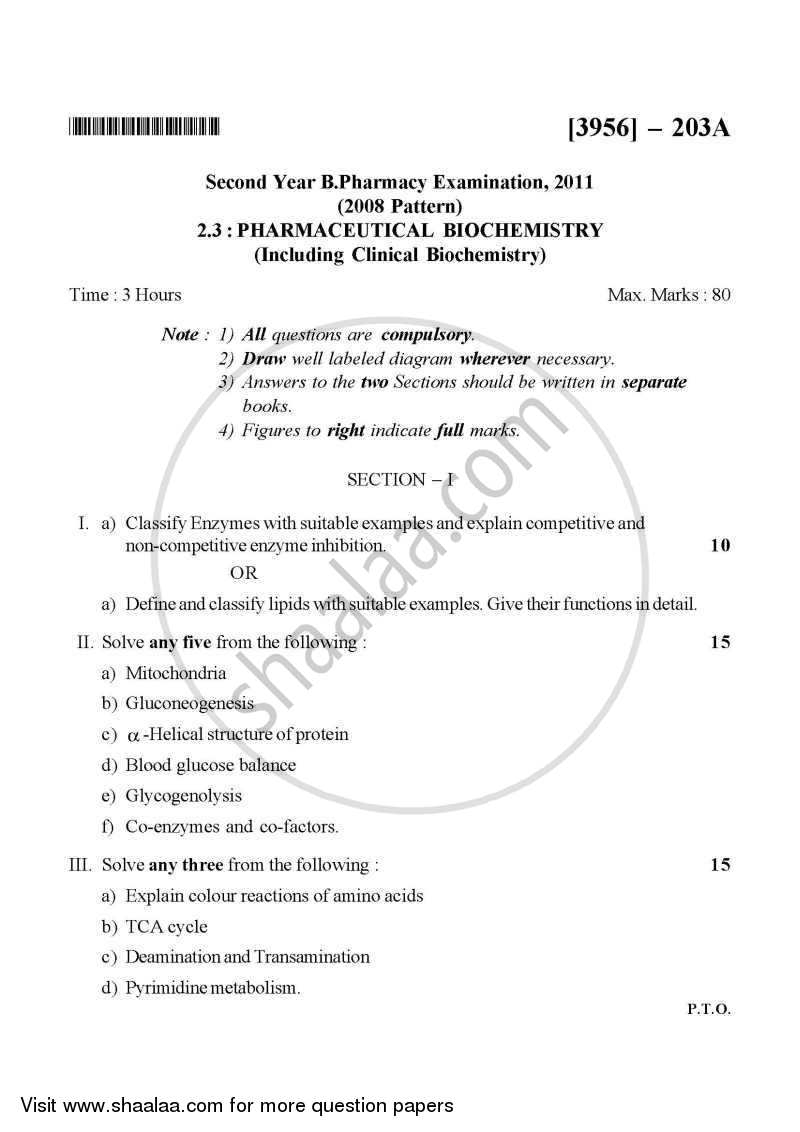 Pharmaceutical Biochemistry 2010-2011 - B.Pharm. - 2nd Year - University of Pune question paper with PDF download