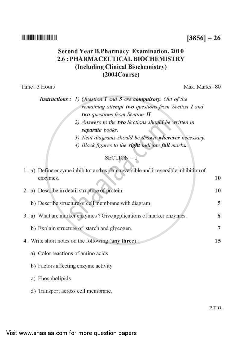 Pharmaceutical Biochemistry 2010-2011 - B.Pharm. - 2nd Year - University of Pune question paper with PDF download