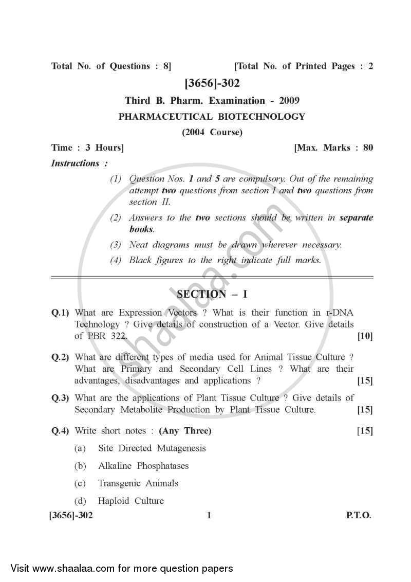Pharmaceutical Biotechnology 2009-2010 - B.Pharm. - 3rd Year - University of Pune question paper with PDF download