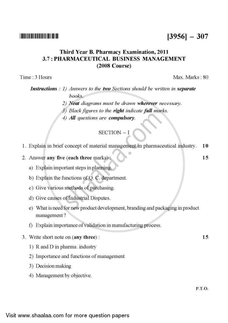 Pharmaceutical Business Management 2010-2011 - B.Pharm. - 3rd Year - University of Pune question paper with PDF download