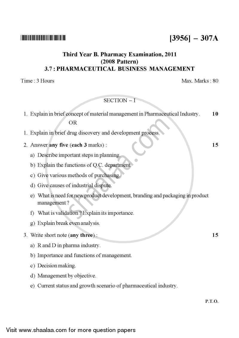 Pharmaceutical Business Management 2010-2011 - B.Pharm. - 3rd Year - University of Pune question paper with PDF download