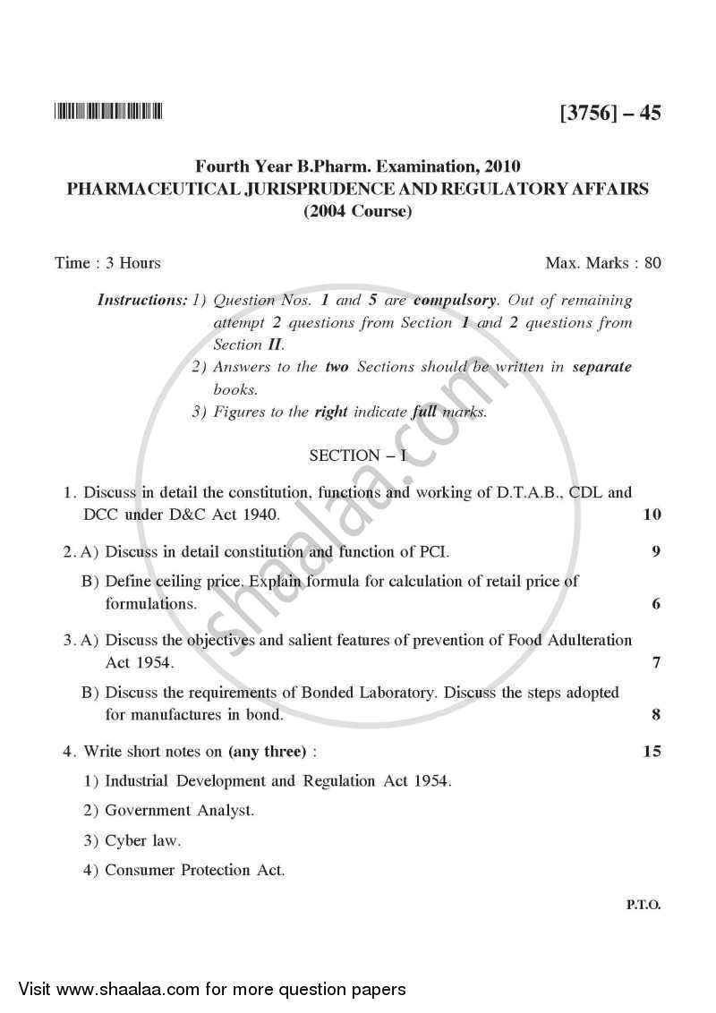 Pharmaceutical Jurisprudence 2008-2009 - B.Pharm. - 4th Year - University of Pune question paper with PDF download