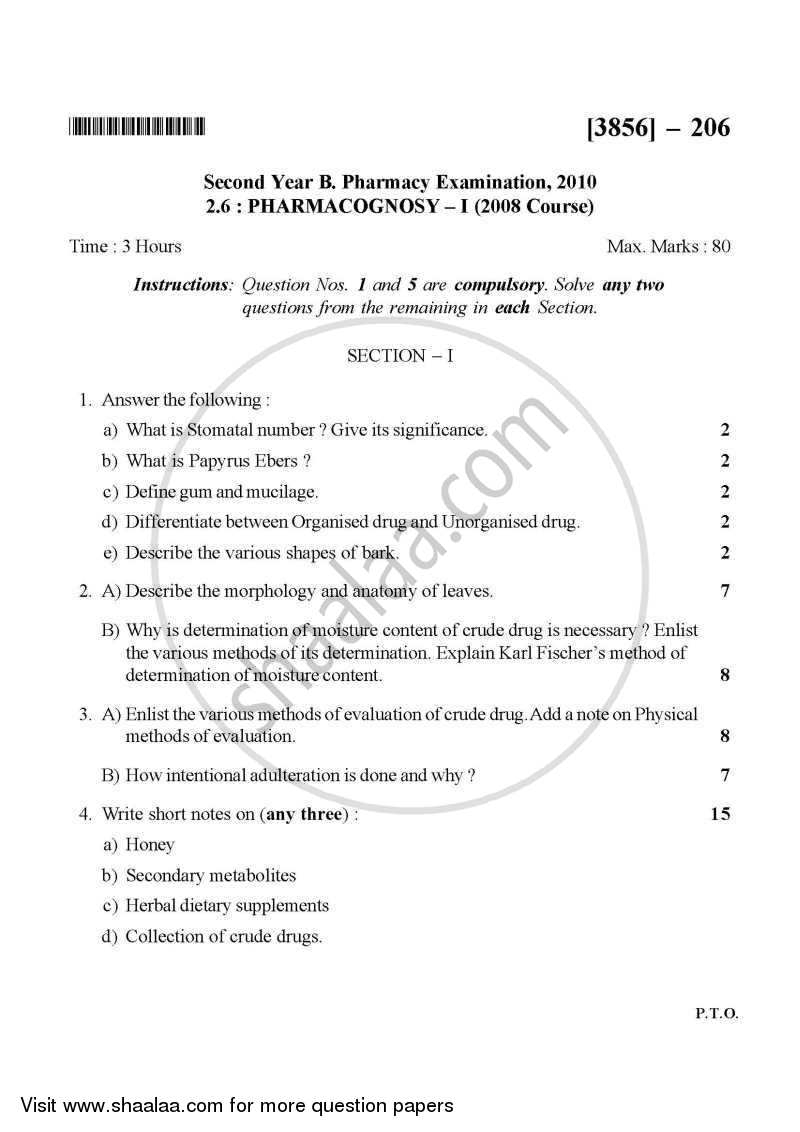 Pharmacognosy 1 2010-2011 - B.Pharm. - 2nd Year - University of Pune question paper with PDF download