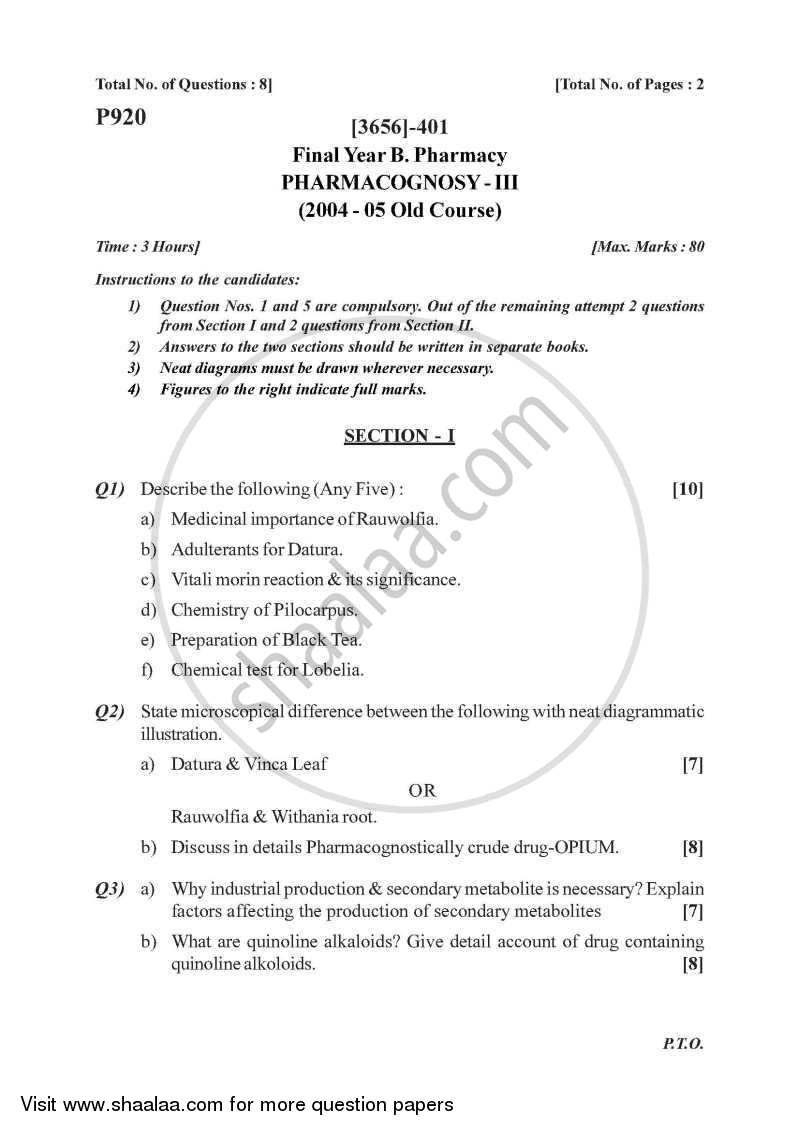 Pharmacognosy 3 2009-2010 - B.Pharm. - 4th Year - University of Pune question paper with PDF download