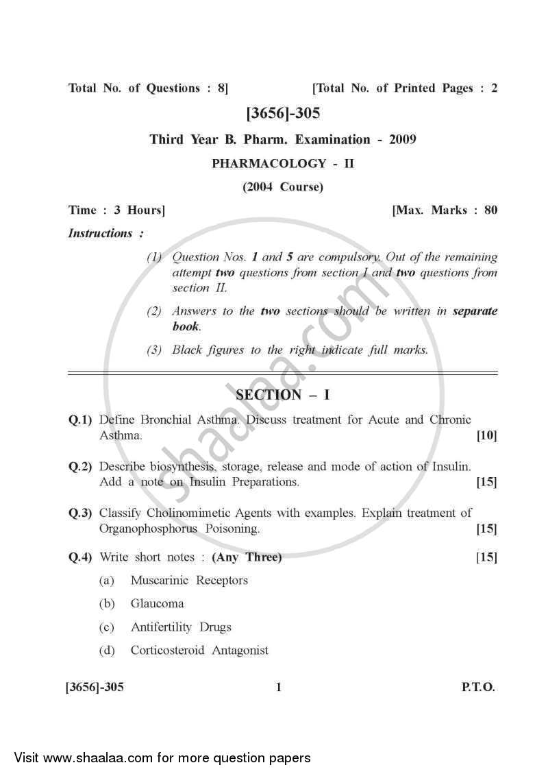 Pharmacology 2 2009-2010 - B.Pharm. - 3rd Year - University of Pune question paper with PDF download