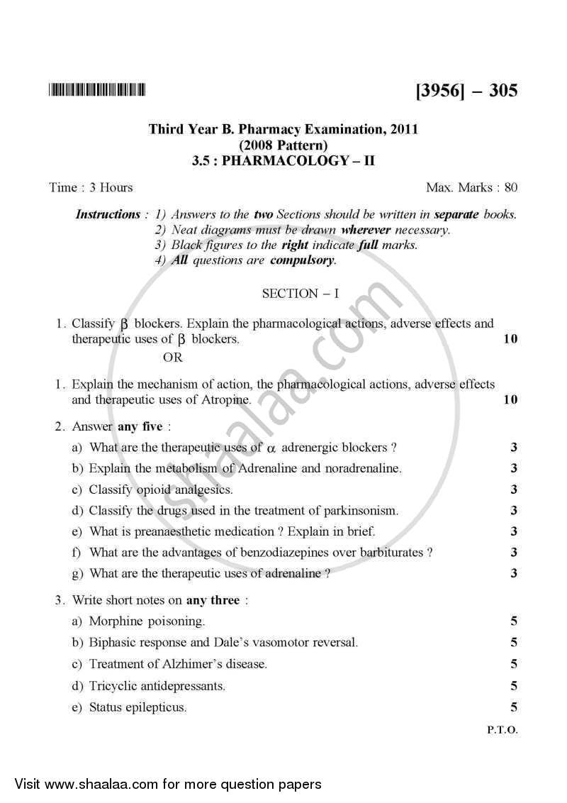 Pharmacology 2 2010-2011 - B.Pharm. - 3rd Year - University of Pune question paper with PDF download