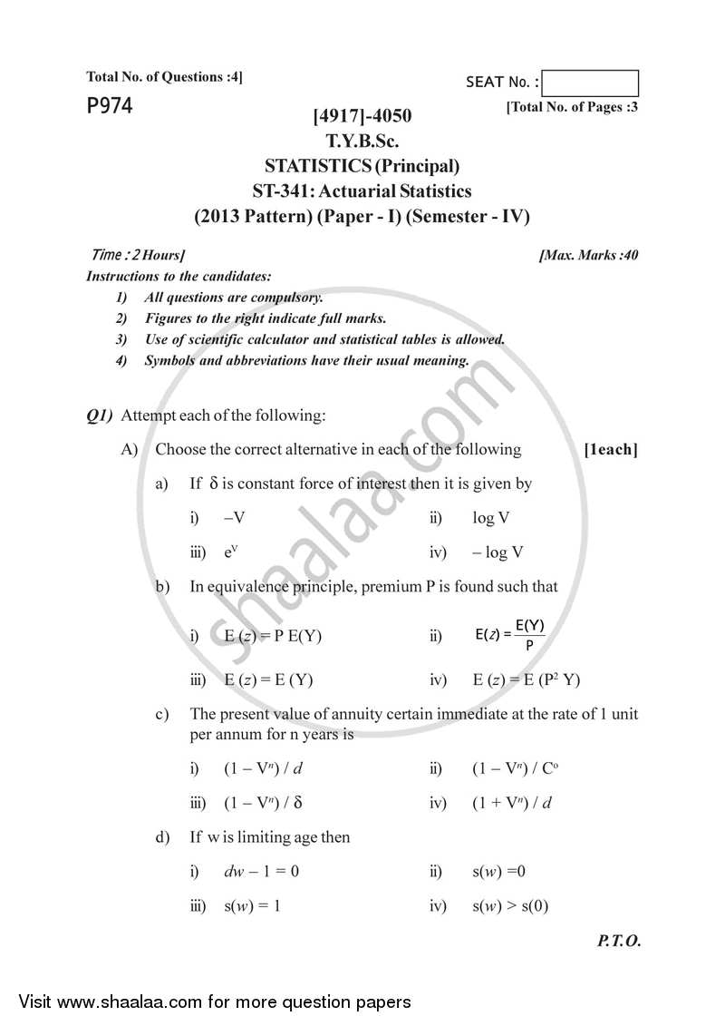 Actuarial Statistics 2015-2016 - B.Sc. - Semester 6 (TYBSc) - University of Pune question paper with PDF download