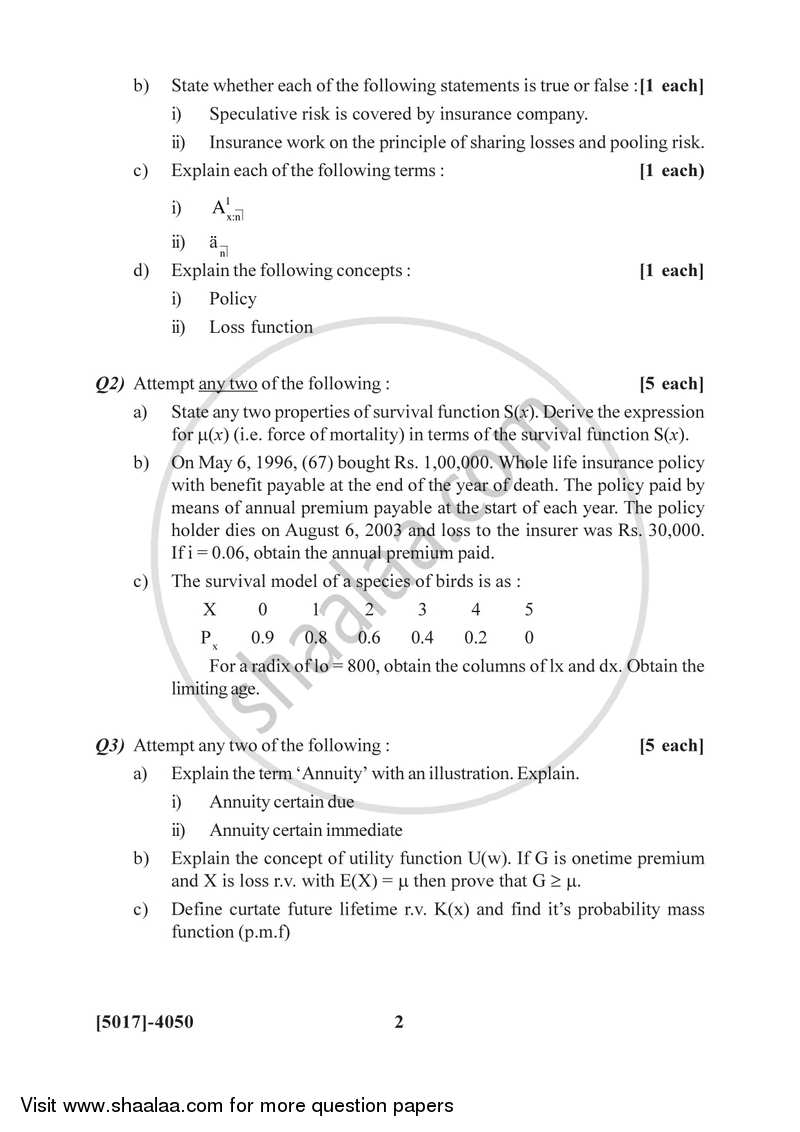 Actuarial Statistics 2016-2017 - B.Sc. - Semester 6 (TYBSc) - University of Pune question paper with PDF download