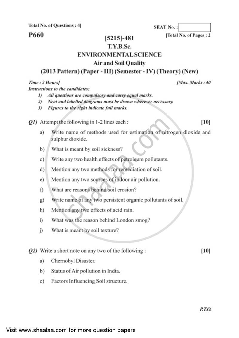 Air and Soil Quality 2017-2018 - B.Sc. - Semester 6 (TYBSc) - University of Pune question paper with PDF download