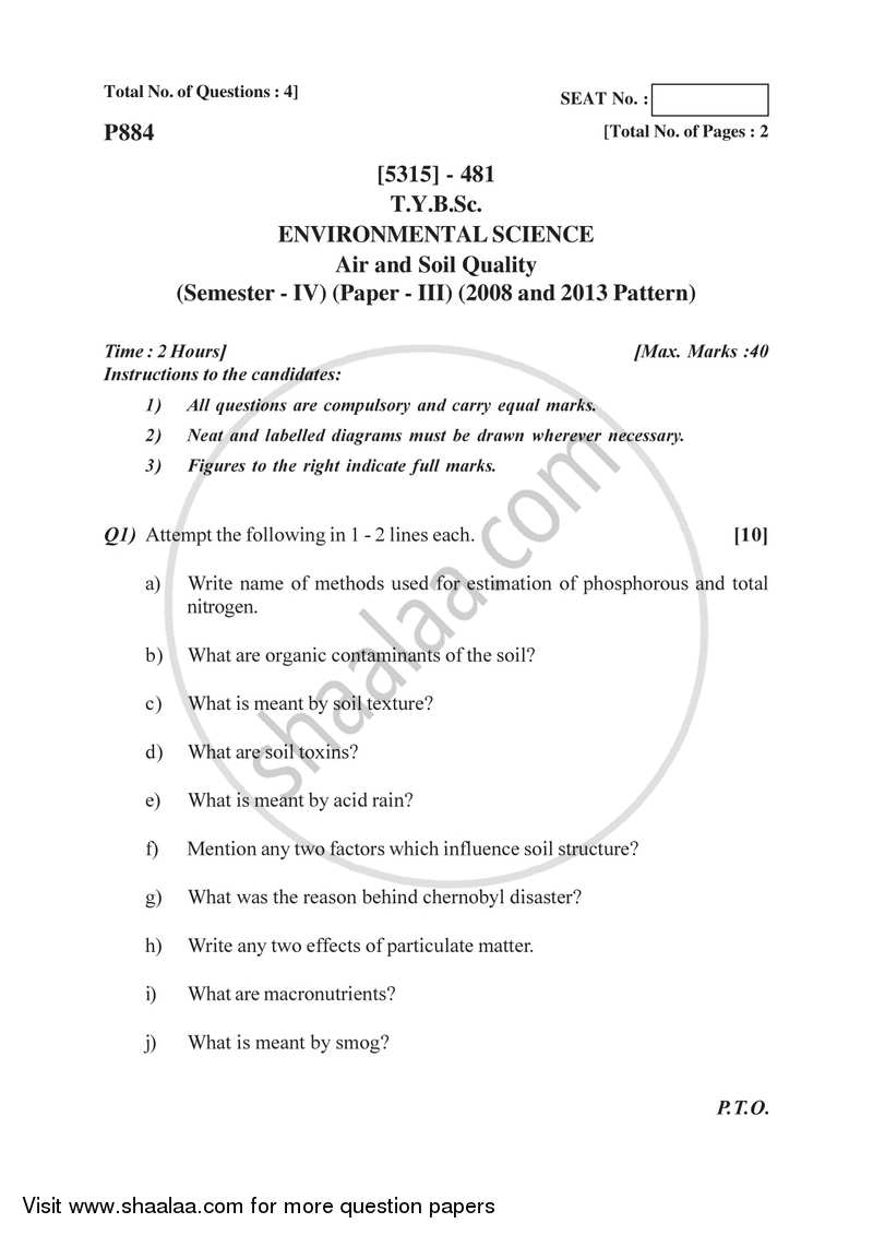 Air and Soil Quality 2017-2018 - B.Sc. - Semester 6 (TYBSc) - University of Pune question paper with PDF download