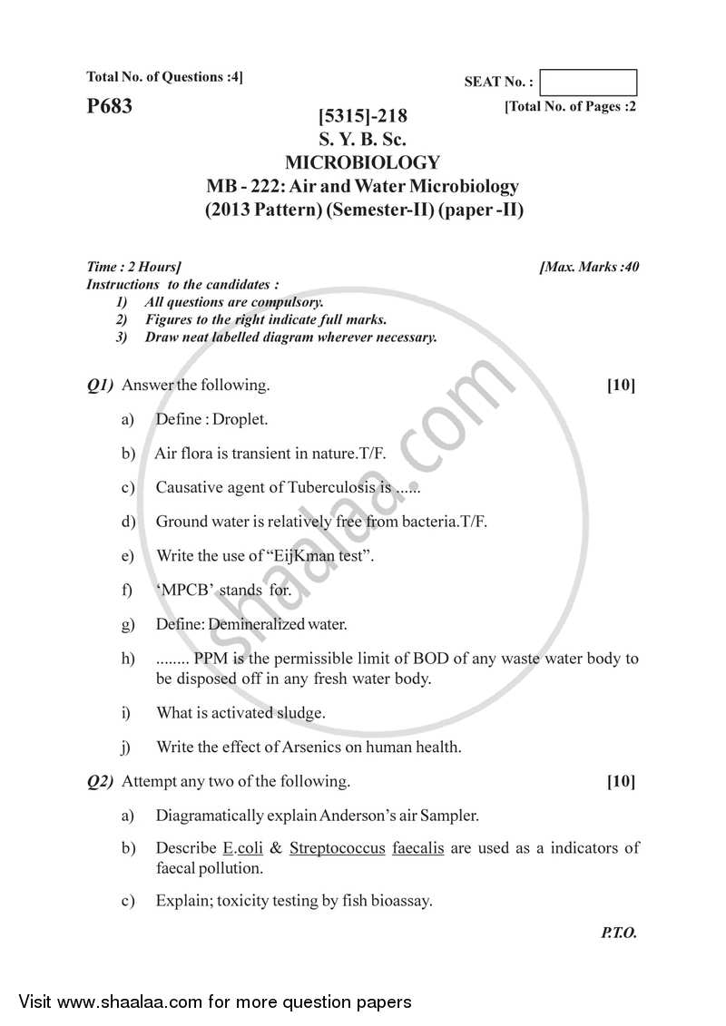Air and Water Microbiology 2017-2018 - B.Sc. - Semester 4 (SYBSc) - University of Pune question paper with PDF download