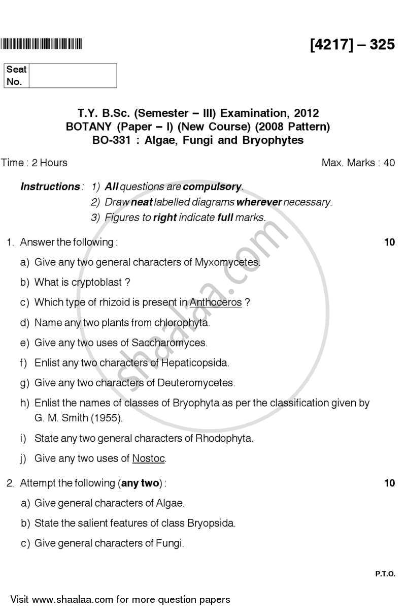 Algae, Fungi and Bryophytes 2012-2013 - B.Sc. - Semester 5 (TYBSc) - University of Pune question paper with PDF download