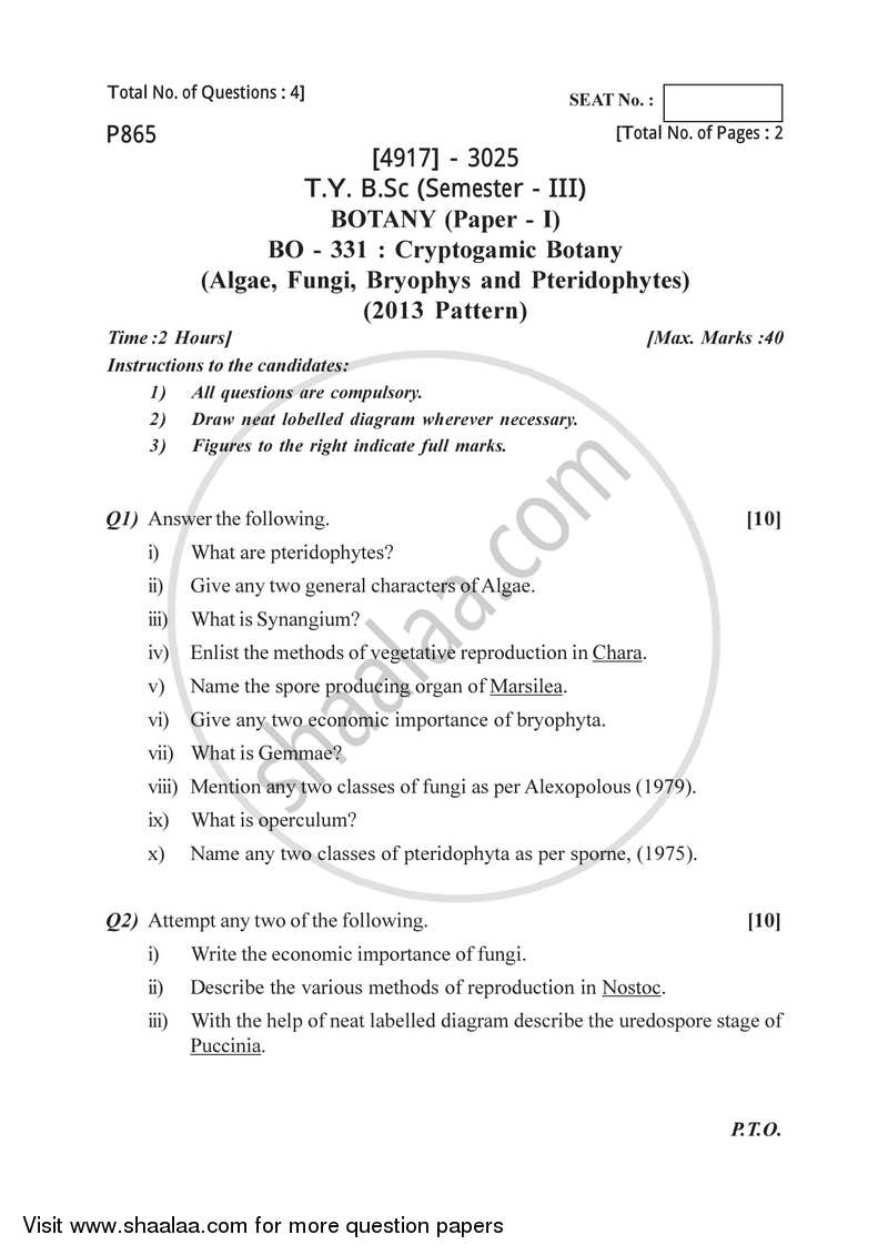 Algae, Fungi and Bryophytes 2015-2016 - B.Sc. - Semester 5 (TYBSc) - University of Pune question paper with PDF download