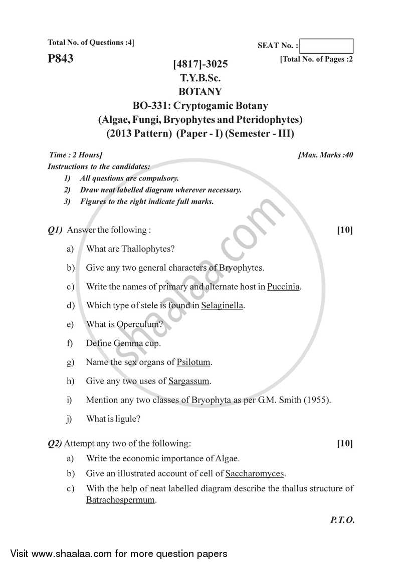 Algae, Fungi and Bryophytes 2015-2016 - B.Sc. - Semester 5 (TYBSc) - University of Pune question paper with PDF download