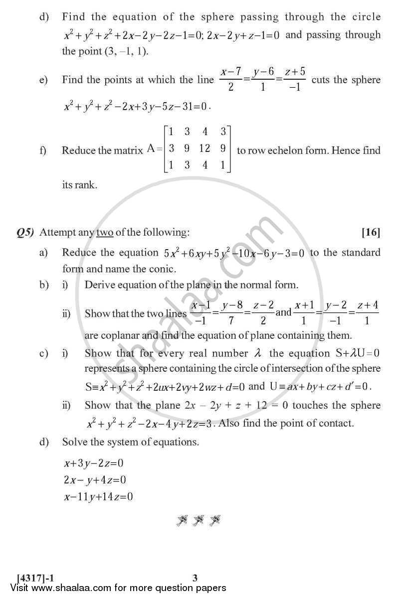Algebra and Geometry 2013-2014 - B.Sc. - Semester 2 (FYBSc) - University of Pune question paper with PDF download