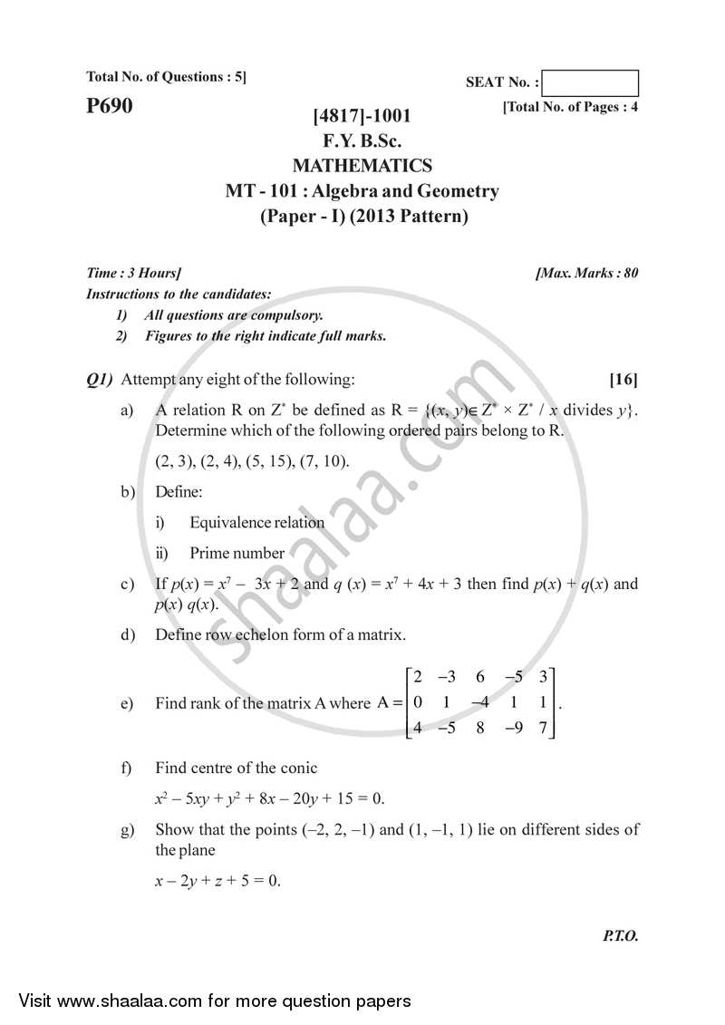 Algebra and Geometry 2015-2016 - B.Sc. - Semester 2 (FYBSc) - University of Pune question paper with PDF download