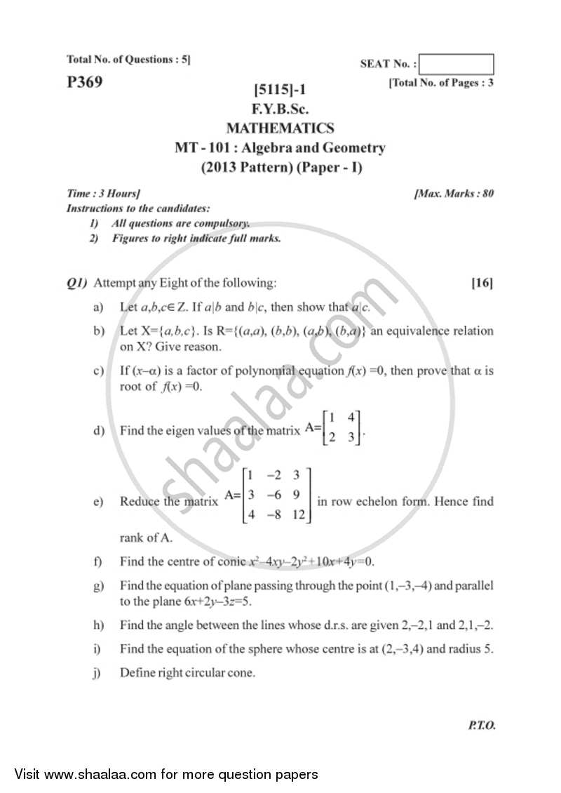 Algebra and Geometry 2016-2017 - B.Sc. - Semester 2 (FYBSc) - University of Pune question paper with PDF download