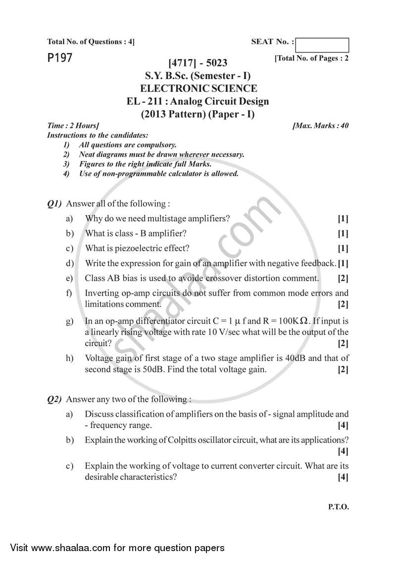 Analog Circuit Design 2014-2015 - B.Sc. - Semester 3 (SYBSc) - University of Pune question paper with PDF download