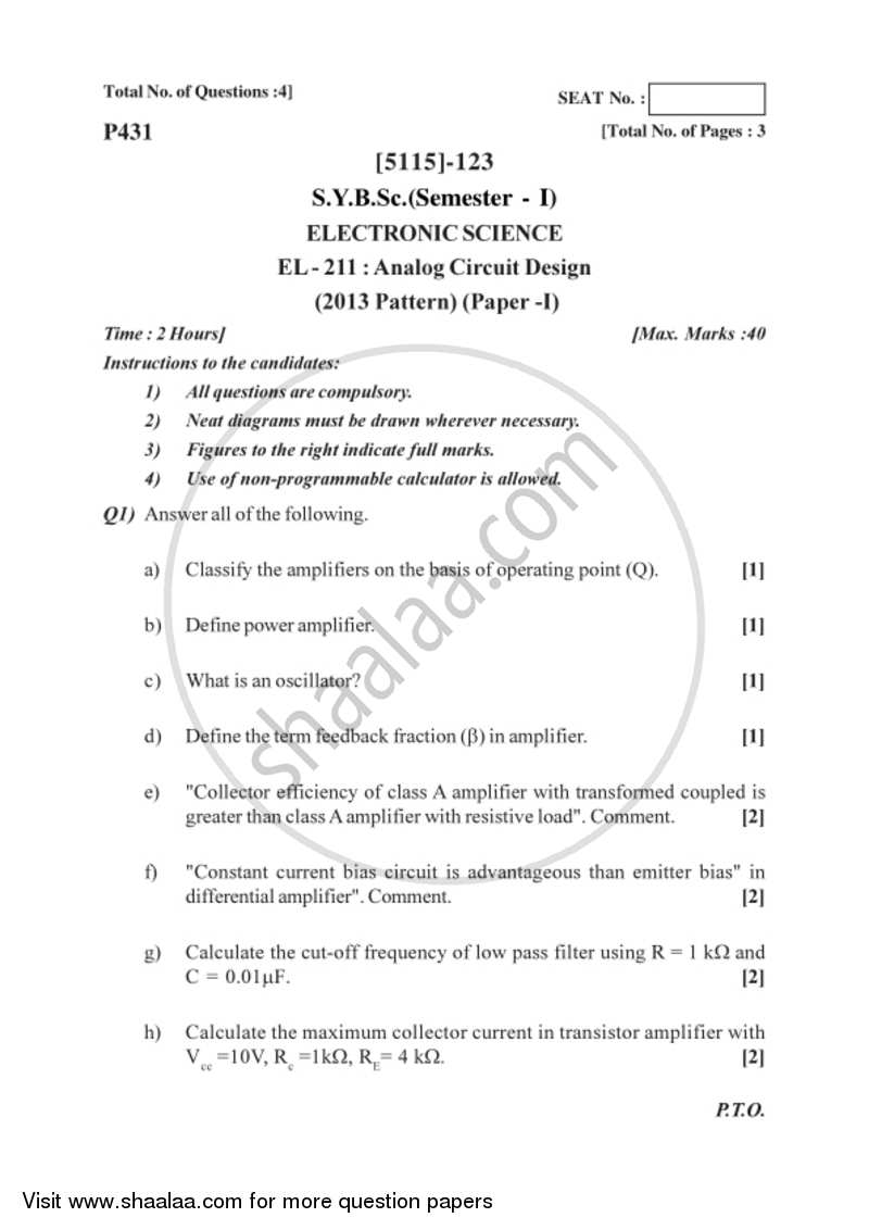 Analog Circuit Design 2016-2017 - B.Sc. - Semester 3 (SYBSc) - University of Pune question paper with PDF download