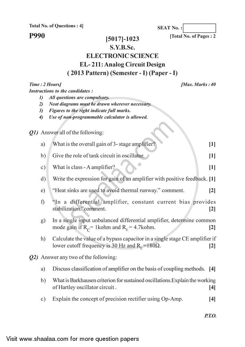 Analog Circuit Design 2016-2017 - B.Sc. - Semester 3 (SYBSc) - University of Pune question paper with PDF download