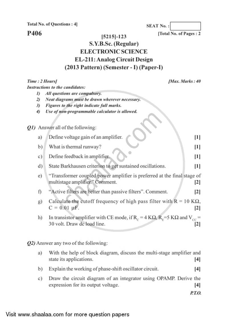 Analog Circuit Design 2017-2018 - B.Sc. - Semester 3 (SYBSc) - University of Pune question paper with PDF download