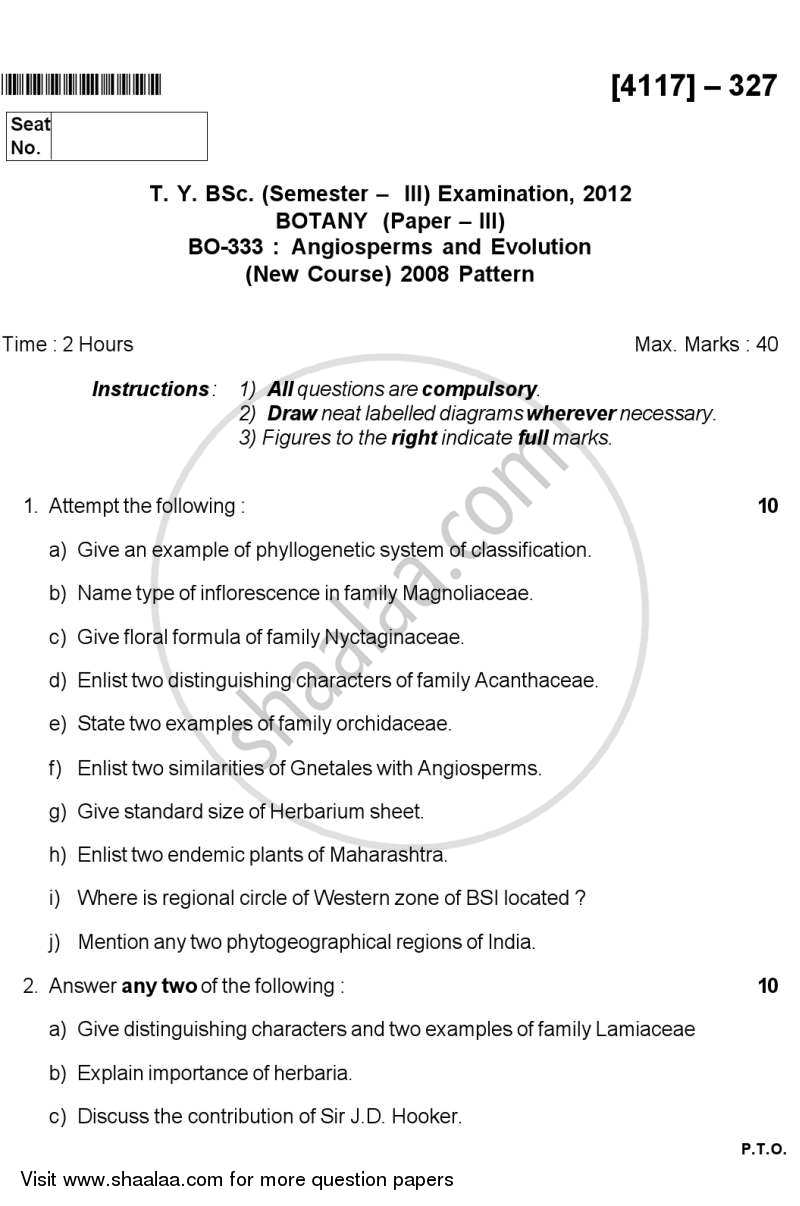 Angiosperms and Evolution 2012-2013 - B.Sc. - Semester 5 (TYBSc) - University of Pune question paper with PDF download