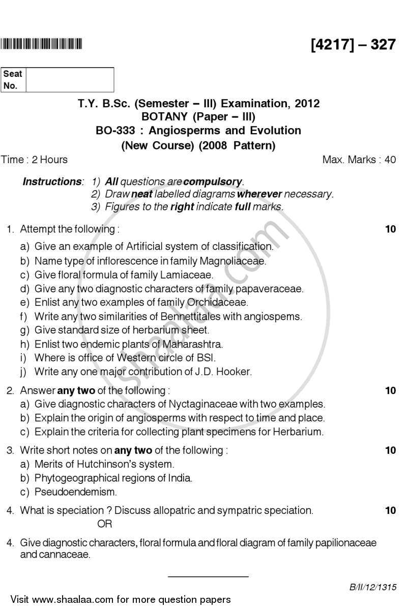 Angiosperms and Evolution 2012-2013 - B.Sc. - Semester 5 (TYBSc) - University of Pune question paper with PDF download
