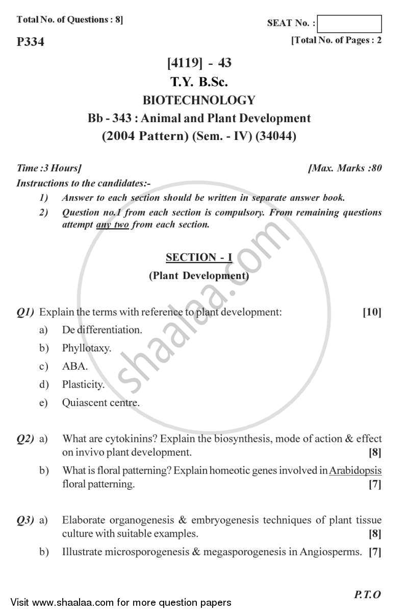 Animal and Plant Development 2012-2013 - B.Sc. - Semester 4 (SYBSc) - University of Pune question paper with PDF download