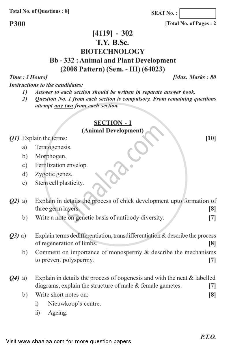 Animal and Plant Development 2012-2013 - B.Sc. - Semester 5 (TYBSc) - University of Pune question paper with PDF download