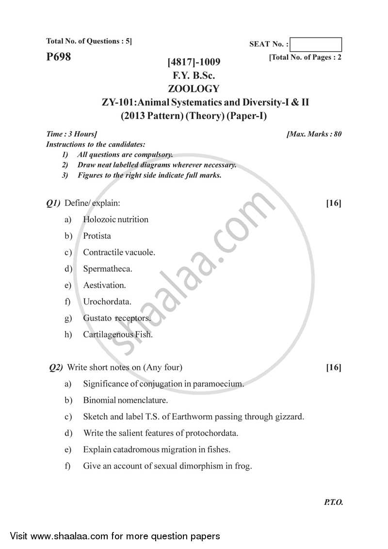 Animal Systematics and Diversity 1and 2 2015-2016 - B.Sc. - Semester 2 (FYBSc) - University of Pune question paper with PDF download