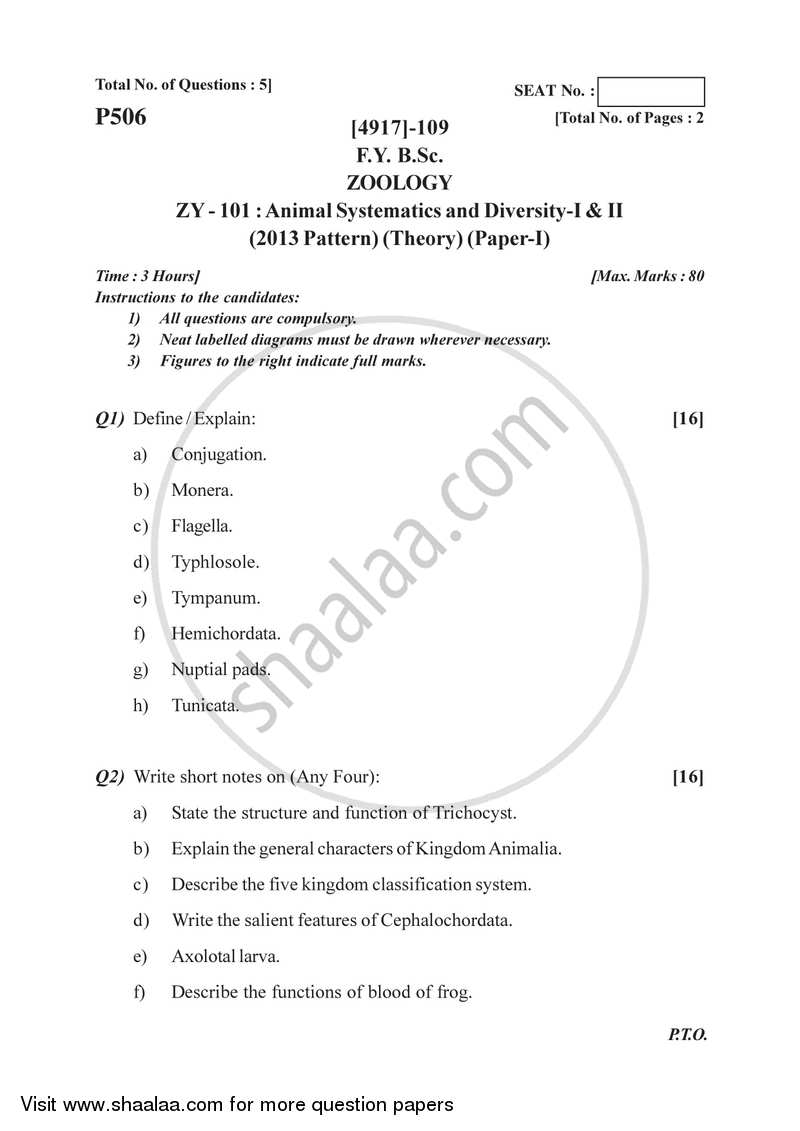 Animal Systematics and Diversity 1and 2 2015-2016 - B.Sc. - Semester 2 (FYBSc) - University of Pune question paper with PDF download
