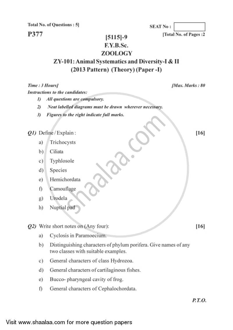 Animal Systematics and Diversity 1and 2 2016-2017 - B.Sc. - Semester 2 (FYBSc) - University of Pune question paper with PDF download