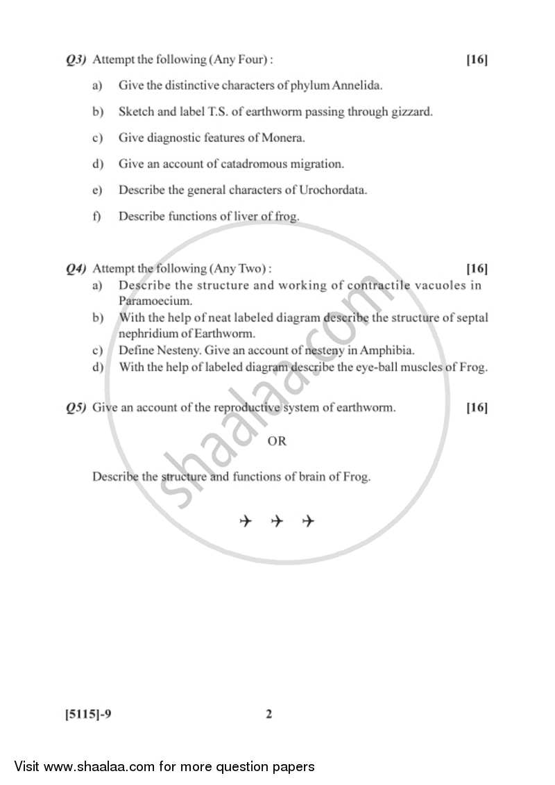 Animal Systematics and Diversity 1and 2 2016-2017 - B.Sc. - Semester 2 (FYBSc) - University of Pune question paper with PDF download