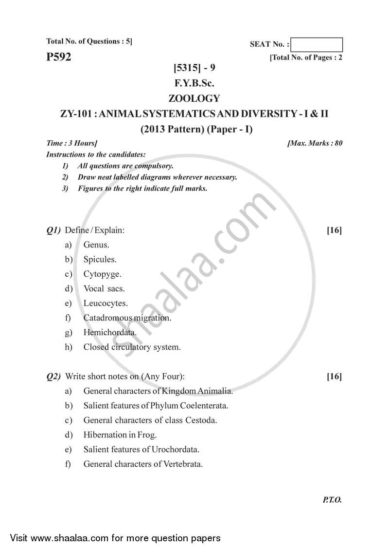 Animal Systematics and Diversity 1and 2 2017-2018 - B.Sc. - Semester 2 (FYBSc) - University of Pune question paper with PDF download