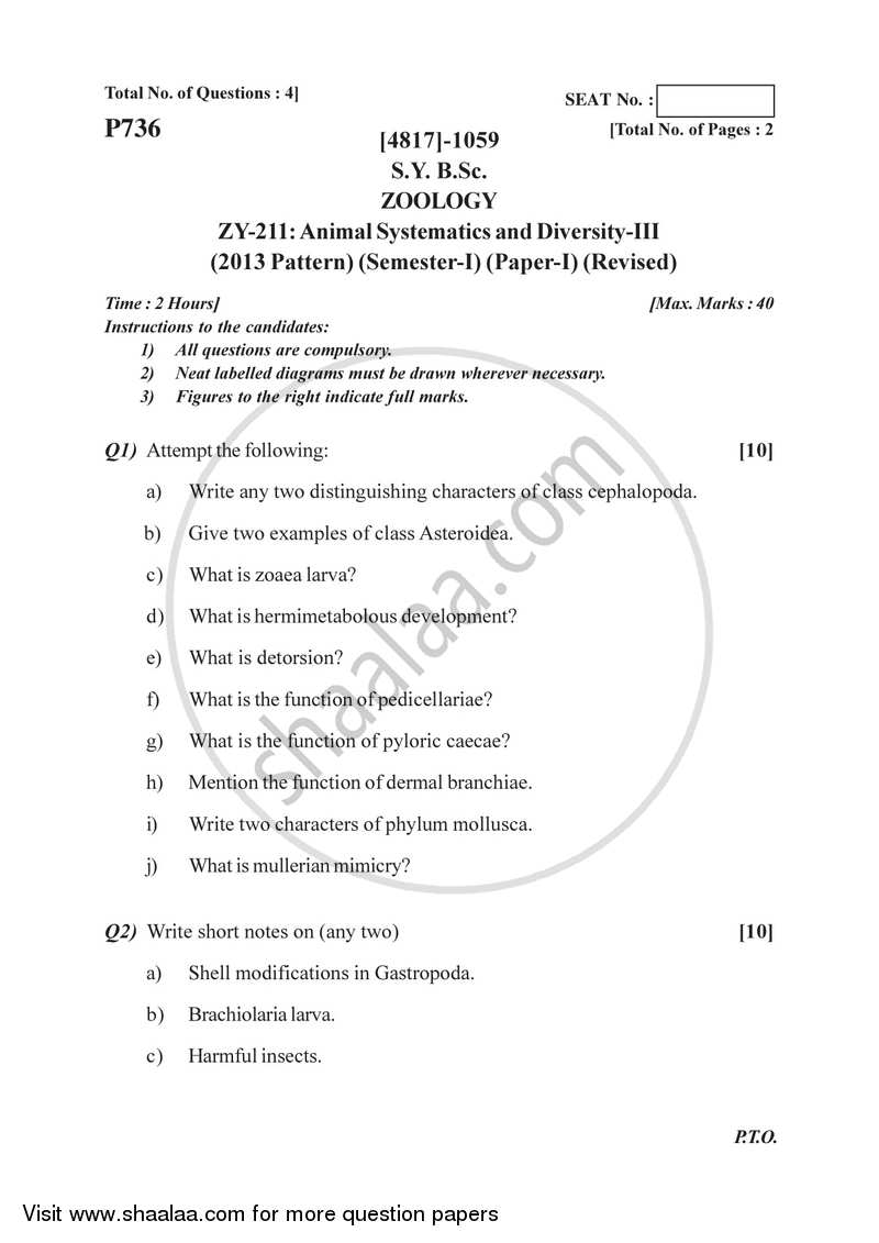 Animal Systematics and Diversity 3 2015-2016 - B.Sc. - Semester 3 (SYBSc) - University of Pune question paper with PDF download