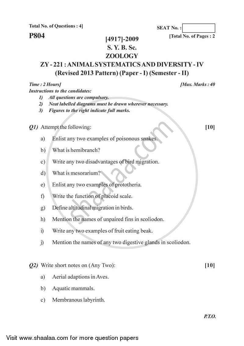 Animal Systematics and Diversity 4 2015-2016 - B.Sc. - Semester 4 (SYBSc) - University of Pune question paper with PDF download