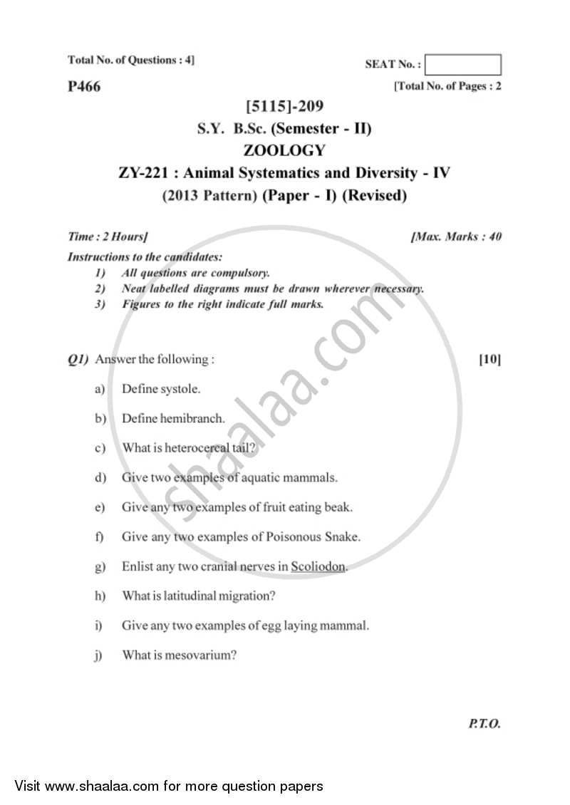 Animal Systematics and Diversity 4 2016-2017 - B.Sc. - Semester 4 (SYBSc) - University of Pune question paper with PDF download