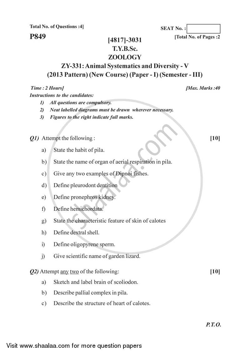 Animal Systematics and Diversity 5 2015-2016 - B.Sc. - Semester 5 (TYBSc) - University of Pune question paper with PDF download