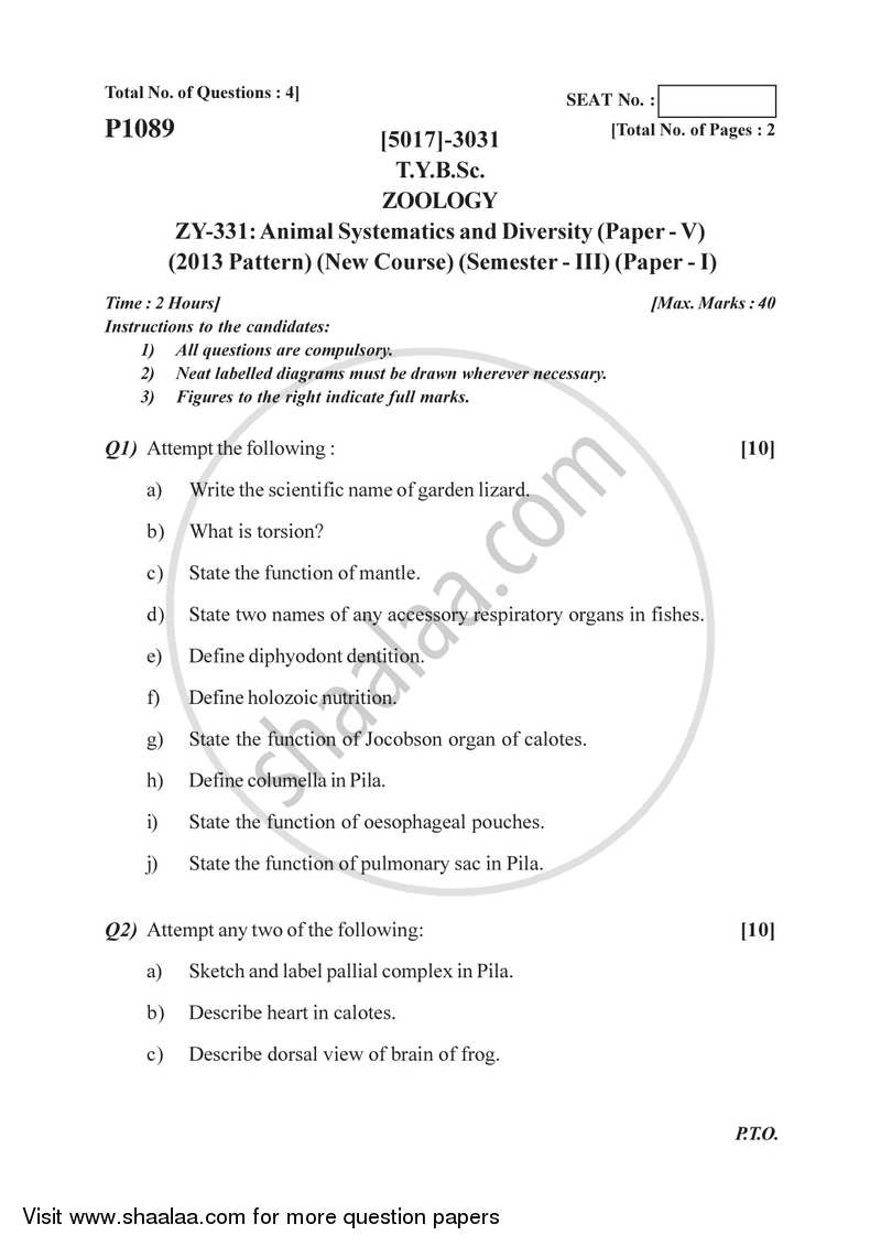 Animal Systematics and Diversity 5 2016-2017 - B.Sc. - Semester 5 (TYBSc) - University of Pune question paper with PDF download