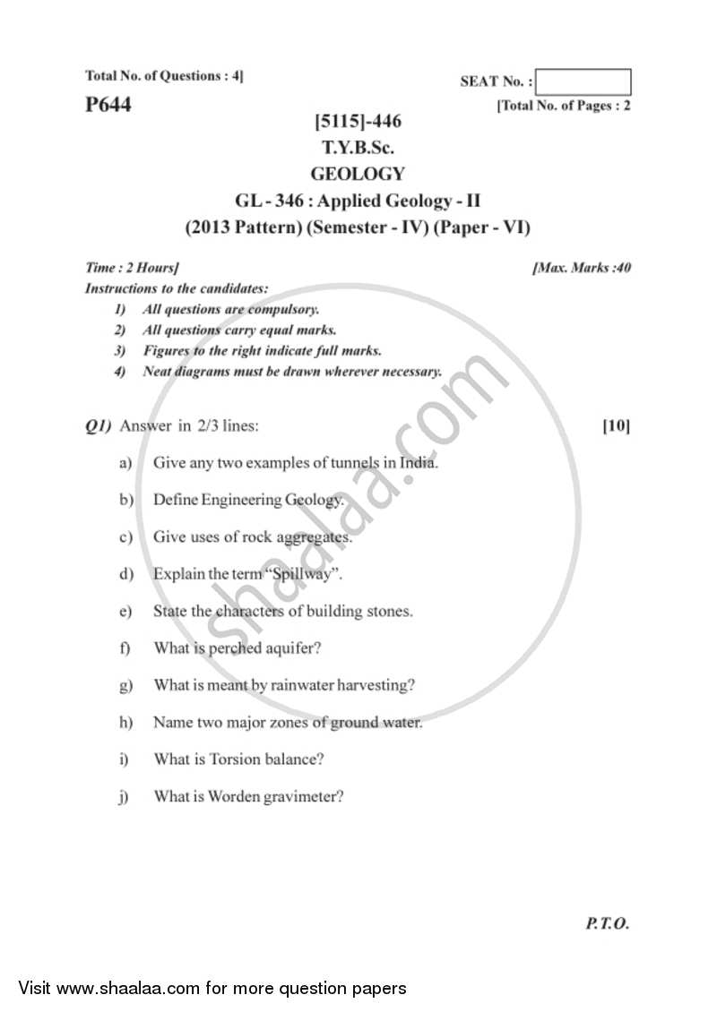 Applied Geology 2 2016-2017 - B.Sc. - Semester 6 (TYBSc) - University of Pune question paper with PDF download