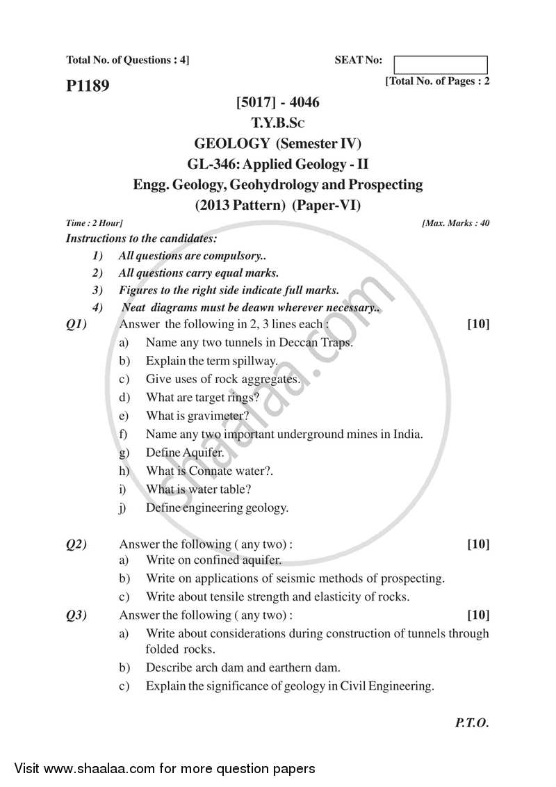 Applied Geology 2 2016-2017 - B.Sc. - Semester 6 (TYBSc) - University of Pune question paper with PDF download