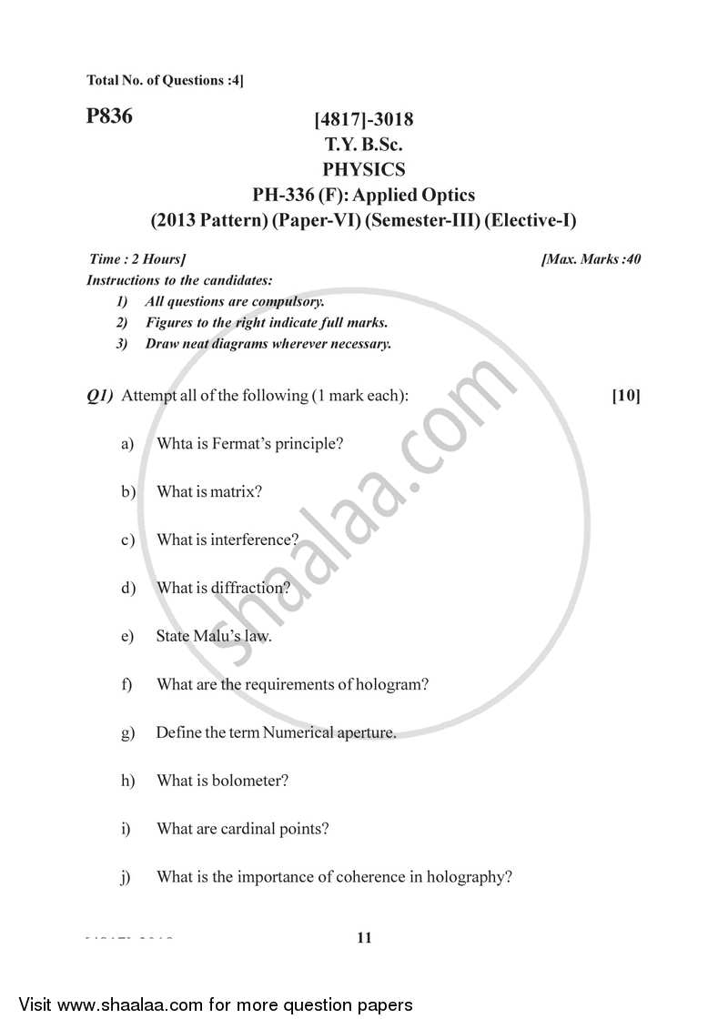 Applied Optics 2015-2016 - B.Sc. - Semester 5 (TYBSc) - University of Pune question paper with PDF download