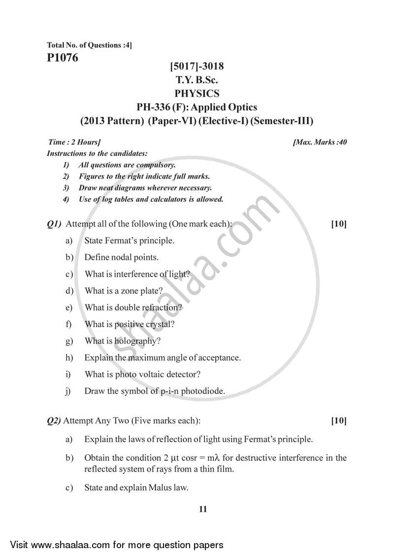 Applied Optics 2016-2017 - B.Sc. - Semester 5 (TYBSc) - University of Pune question paper with PDF download