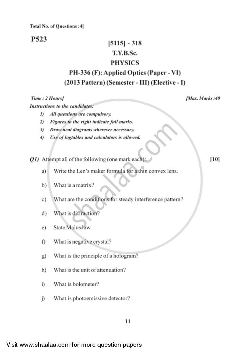 Applied Optics 2016-2017 - B.Sc. - Semester 5 (TYBSc) - University of Pune question paper with PDF download